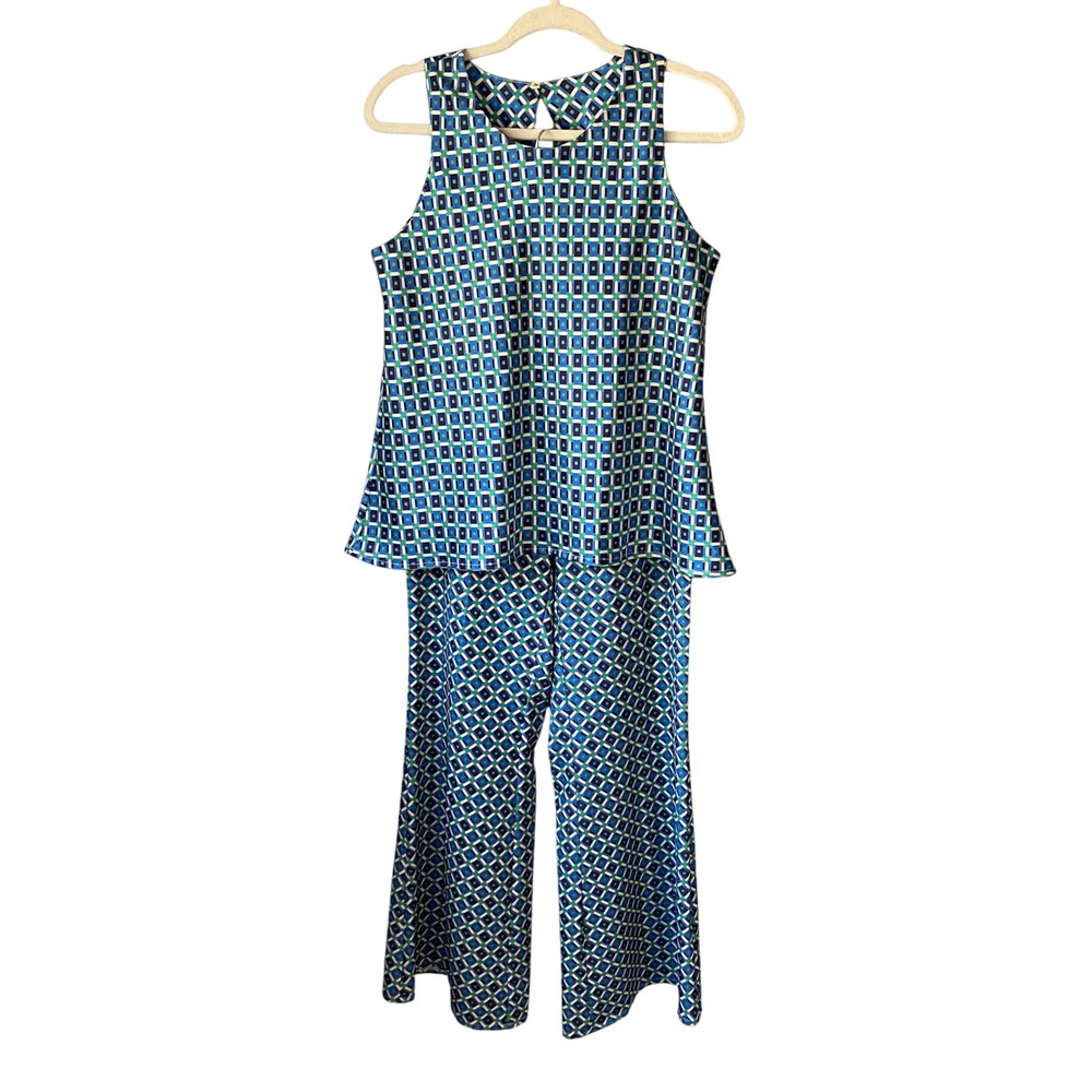 BSB Collection Blue Green Geometric Mosaic Print Top and Wide Leg Pants Set‎ 42